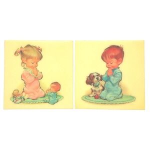 1962 Pete Hawley Praying Girl and Boy Decorative Wall Plaques 8.5"x8.5"